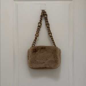Zara Faux Fur Chain Shoulder Bag - Tan